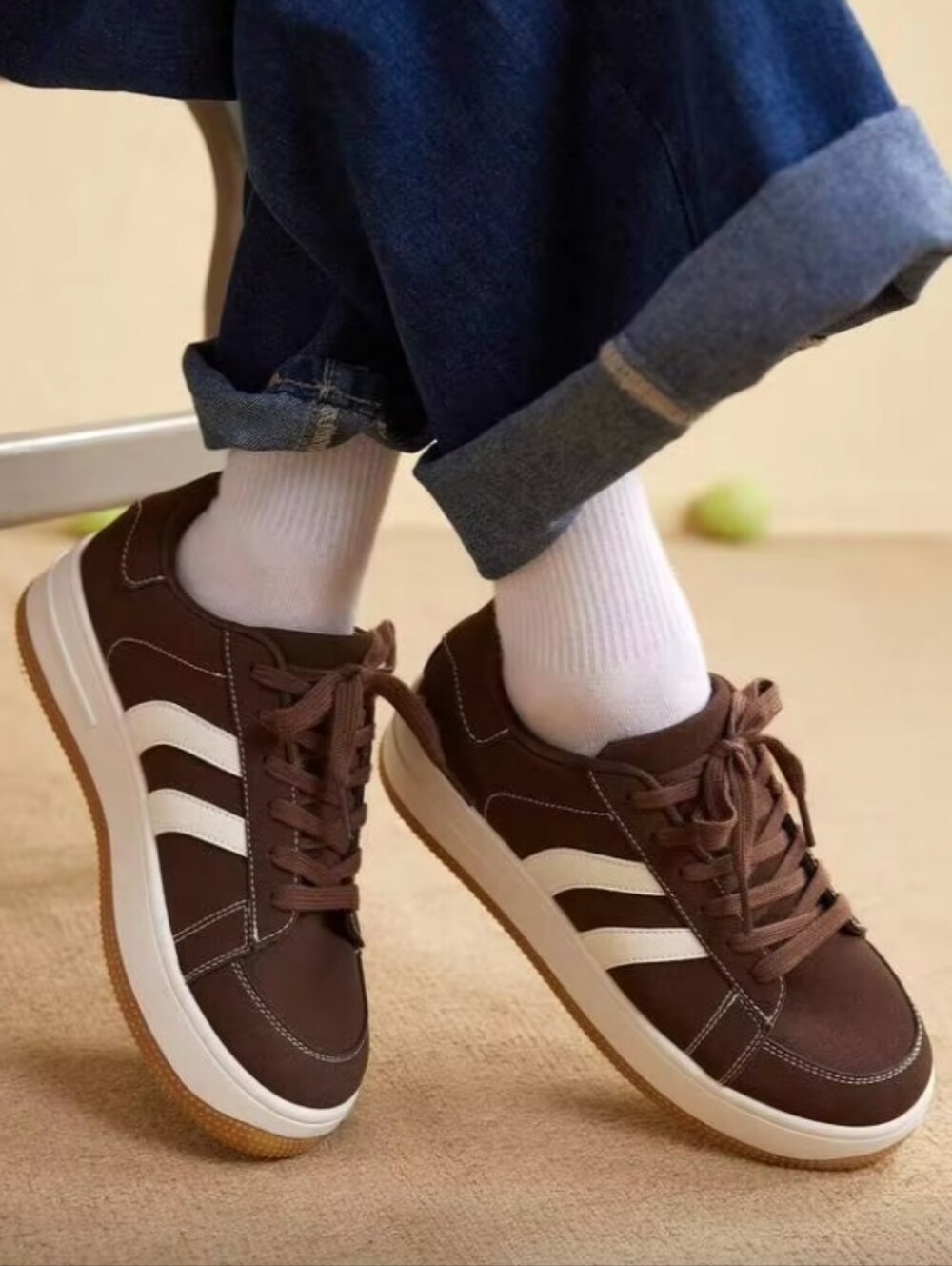 CUCCOO Women's Casual Chunky Brown Sneakers with White Stripes
